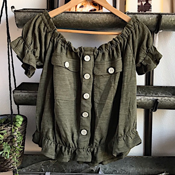 Planet Gold Tops - Off the shoulder ruffled trim utility top